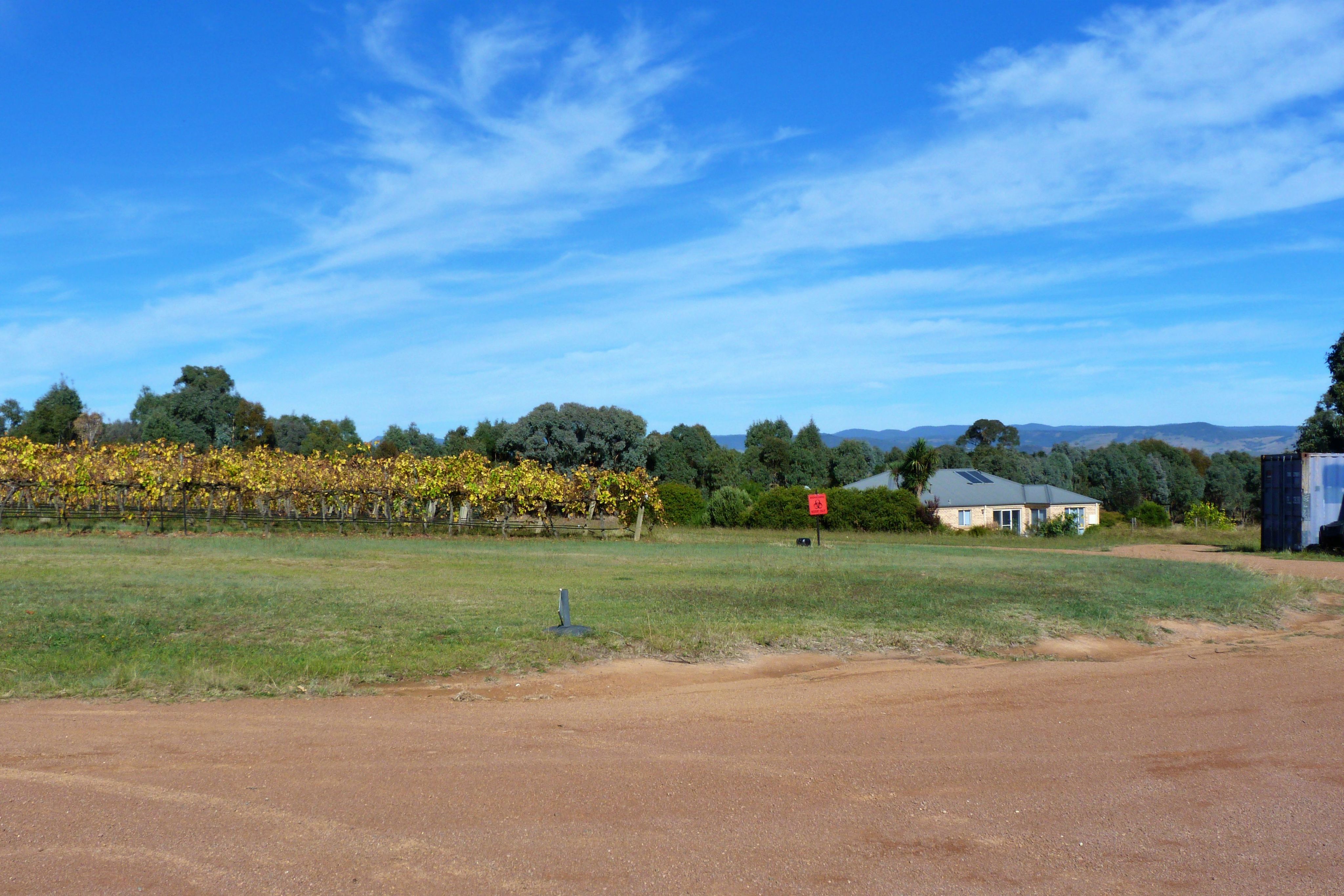 A vineyard. The foreground includes a bay of brown gravel. Onwards, sitting on green grass are rows of grape vines. In the background is a white building. There is a red warning sign situated in the middle, warding guests from going near the vineyard.